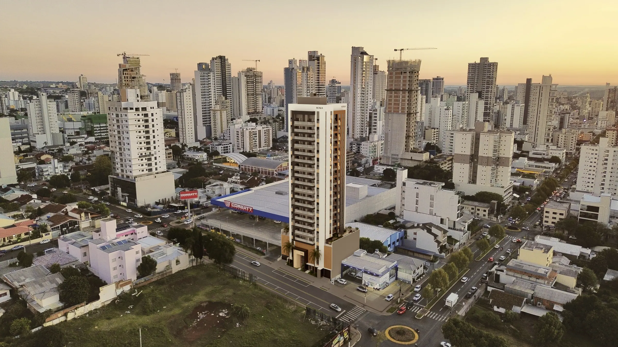 O Edifício 447 inserido na vista aérea real de Chapecó ao entardecer